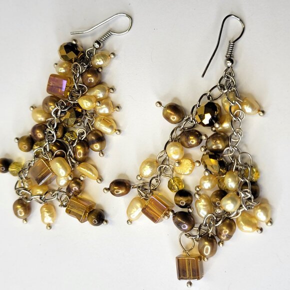 Gold and Beige Pearls and Bead Earrings Light Gold Brown Earrings - Picture 4 of 7